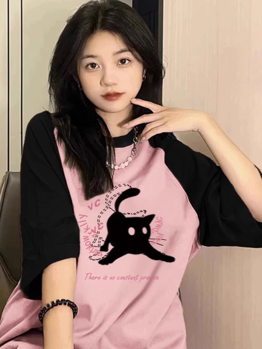 Pure cotton large-size women's T-shirt spring and summer new design Korean loose short-sleeved cartoon printed T-shirt top for women