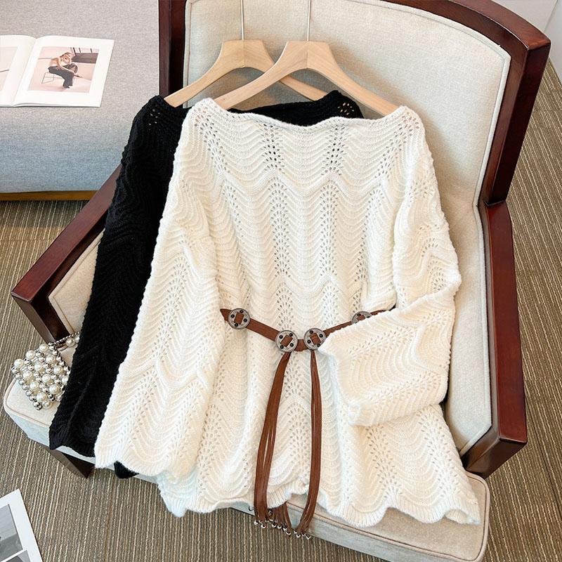 Large size irregular hook-and-flowered hollow sweater fat MM fashionable age-reducing belt waist-hugging lace sweater