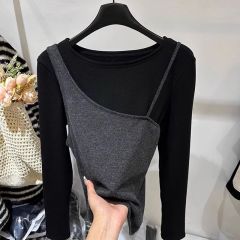 2025年假兩件拼接打底衫長袖T恤女2025春新款氣修身顯瘦上衣
