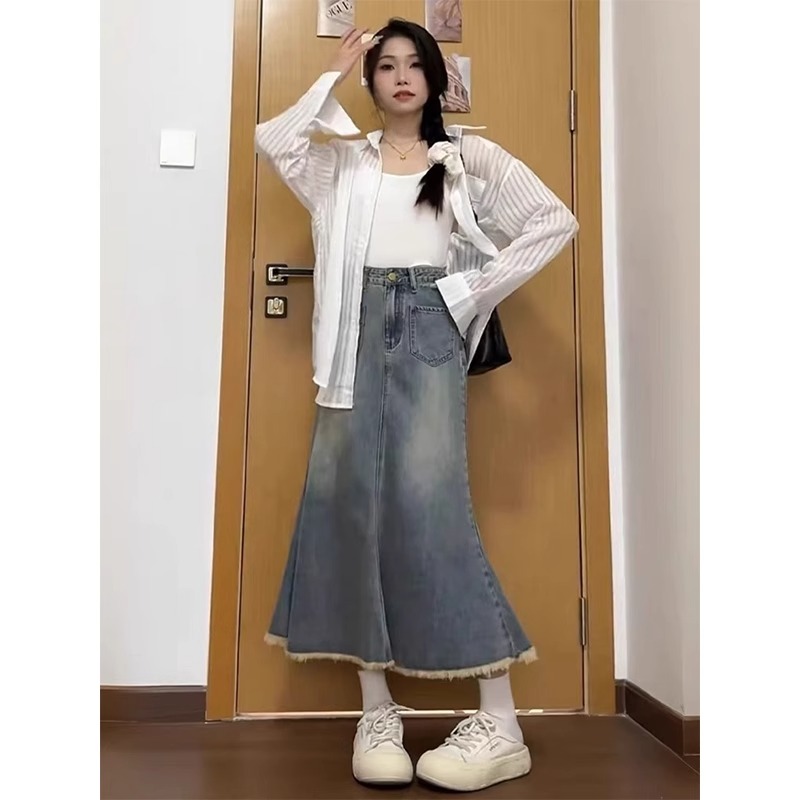 韓國chic中長款牛仔半身裙女春夏高腰遮胯包臀魚尾裙A字長裙子潮