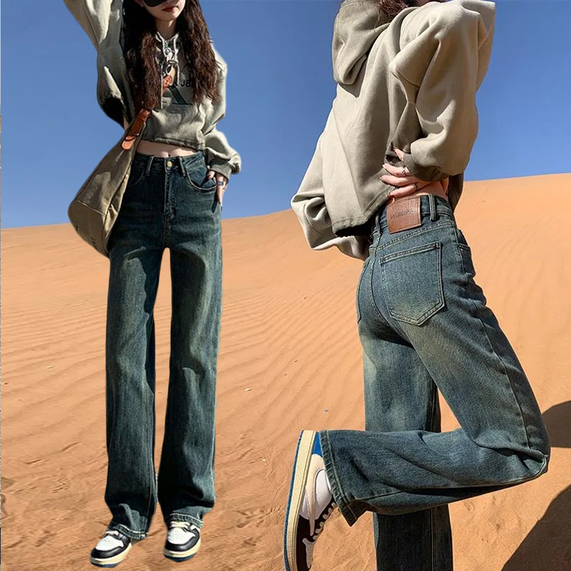韓版黑色窄版直筒牛仔褲女2025新款高腰寬鬆顯瘦闊腿拖地褲子百搭