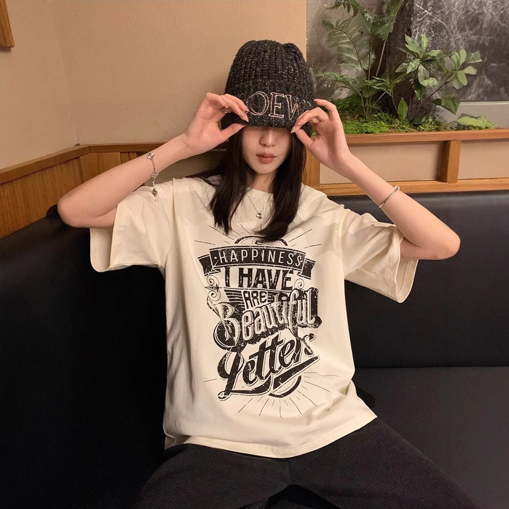 韓國chic純棉後包領2025夏季新款韓版美式印花寬鬆版短袖T恤女潮