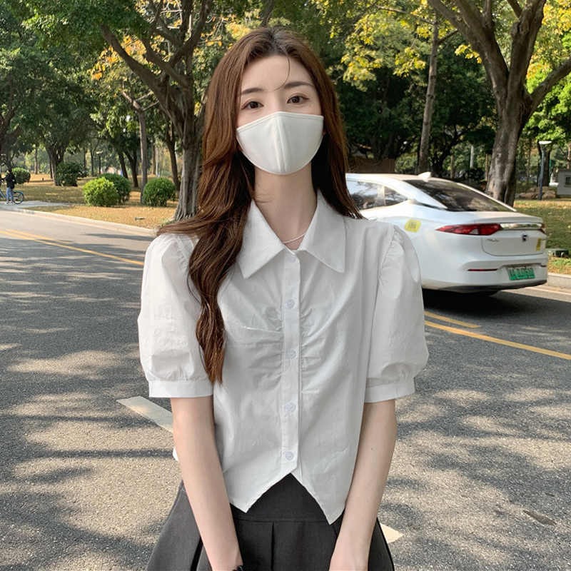 White shirt women's design niche pleated jk shirt waist short sleeve summer short top 2025 new style