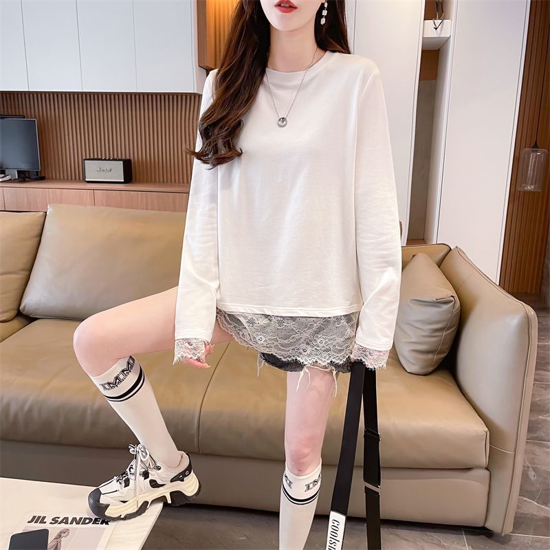 Real photos of German velvet lace splicing fake two-piece cartoon long-sleeved T-shirt for women's spring and autumn new loose top