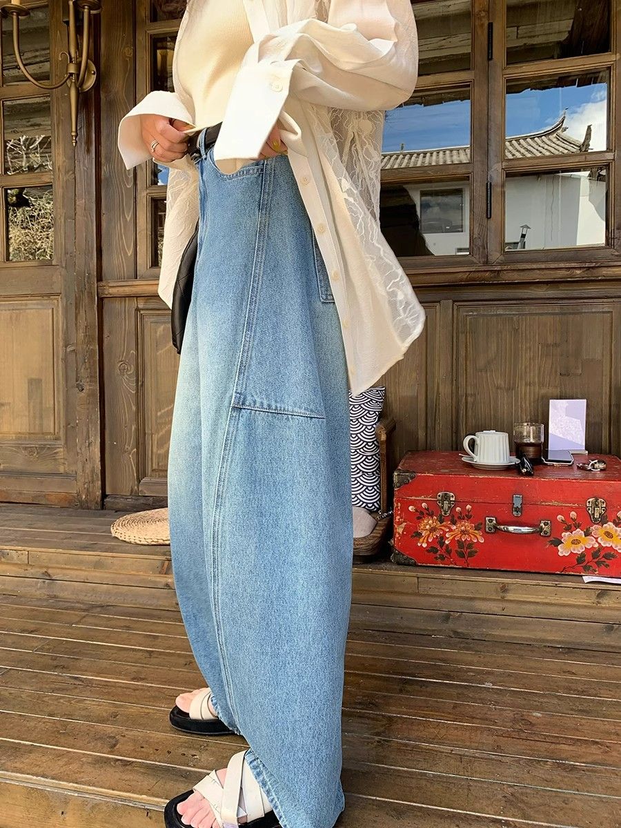 新款淺色垂感牛仔褲女直筒寬鬆新款春夏季高腰梨形身材闊腿褲子潮