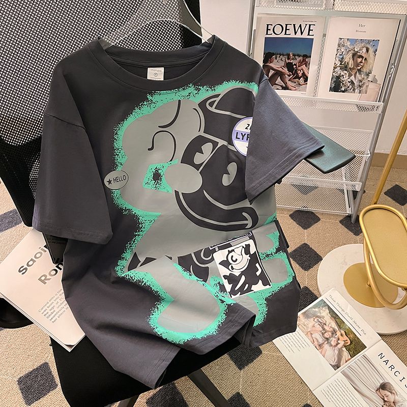 Real-life quality, cool pure cotton short-sleeved T-shirt, women's summer print round neck trendy new large-size top