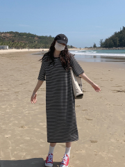 95 polyester 5 spandex summer dress fashion 2025 new striped t-shirt skirt summer summer short-sleeved large-size skirt