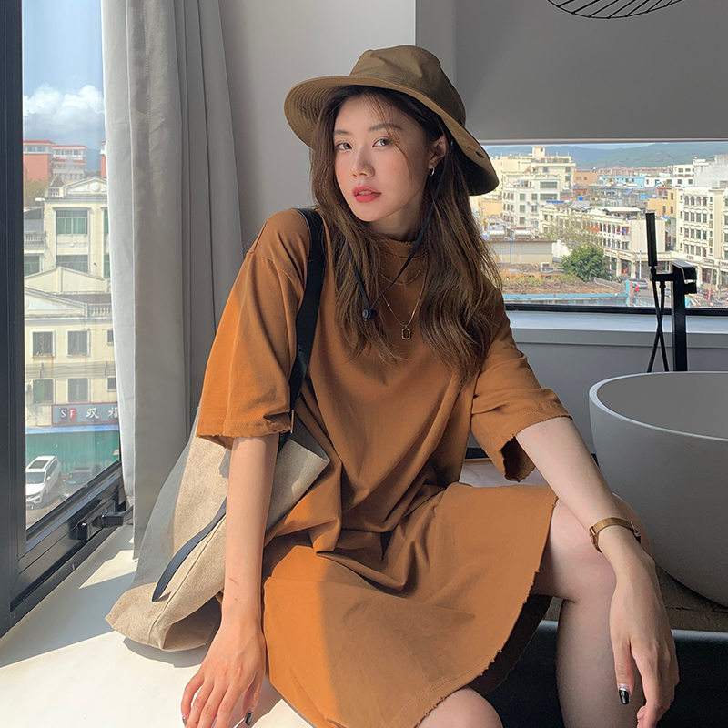 Real shot of 200g pure cotton shoulder-length back collar dress for women loose and versatile mid-length short-sleeved women