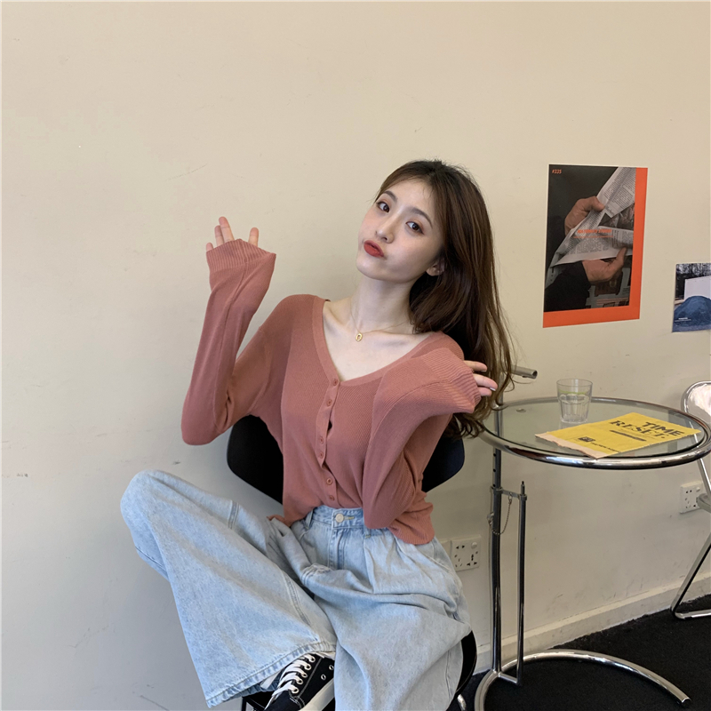 Real shot Korean style summer knitted cardigan long-sleeved sunscreen shirt for women