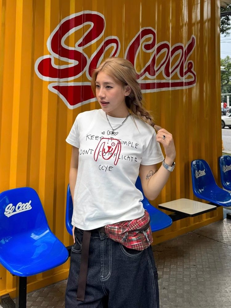 Printed front shoulder short-sleeved T-shirt for women in summer new niche American pure cotton slim T-shirt top