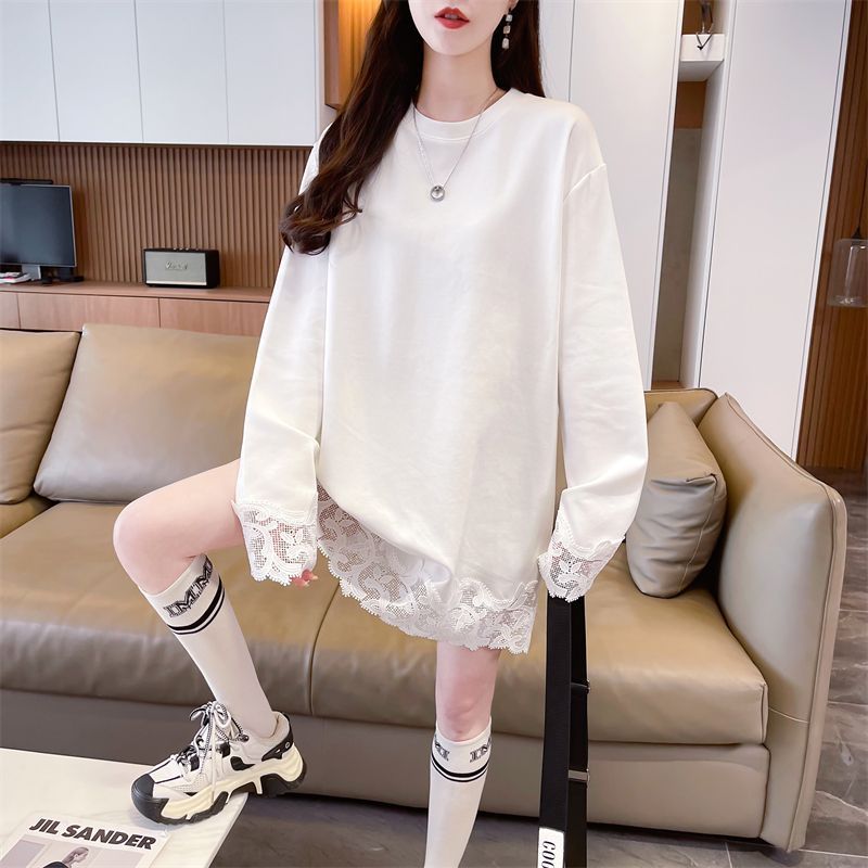 Real photos of German velvet lace splicing fake two-piece cartoon long-sleeved T-shirt for women's spring and autumn new loose top