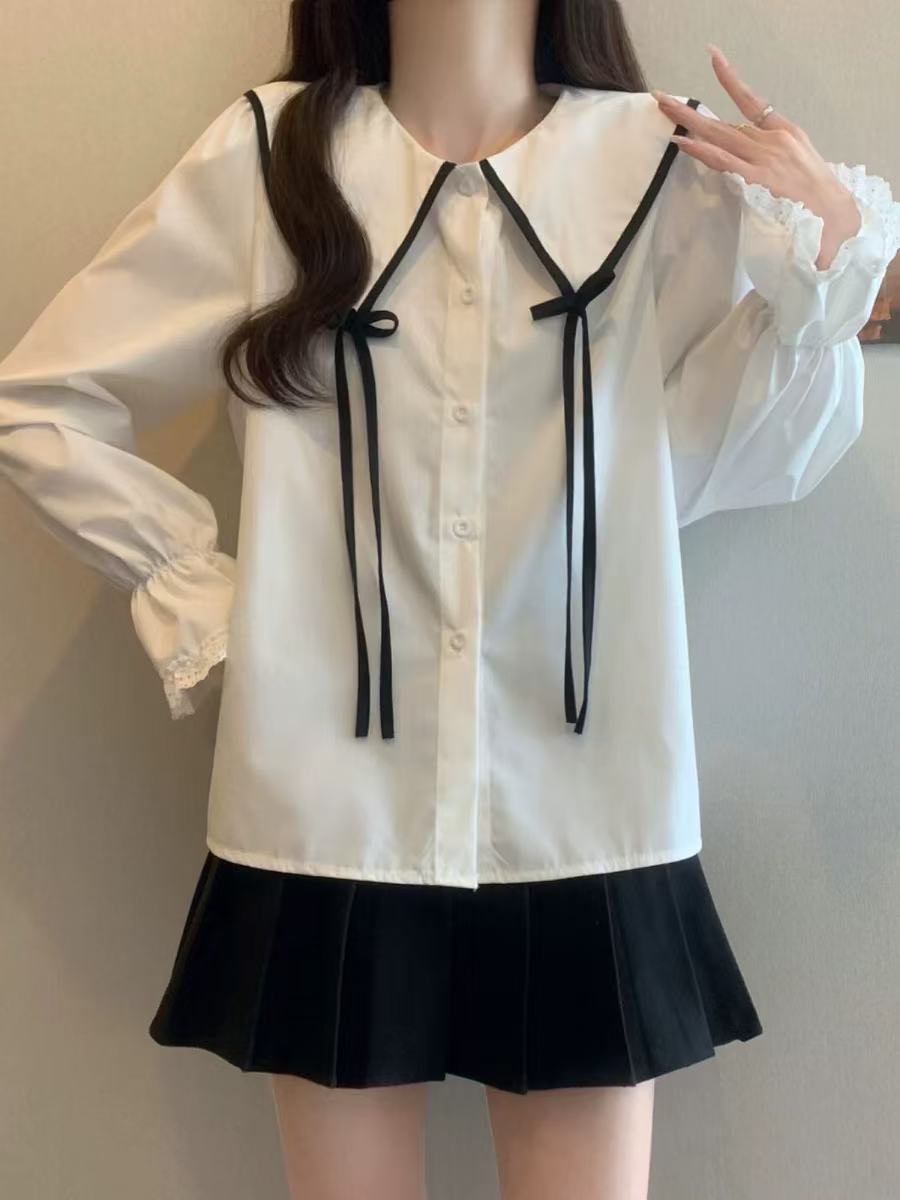 Korean solid color doll collar shirt for women in spring 2025 new bow lace lace age-reducing long-sleeved top