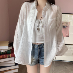 實拍重工燙鑽防曬衫女翻領涼快開衫顯瘦襯衫上衣夏季中長款閃
