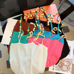 實拍純欲辣妹設計串珠背心小吊帶女裝夏季性感修身彈力針織上衣