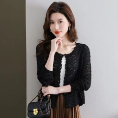 Spring and Autumn hollow leak-cut knitted sweater new style women's fashionable and fashionable knitted cardigan short sweater for women