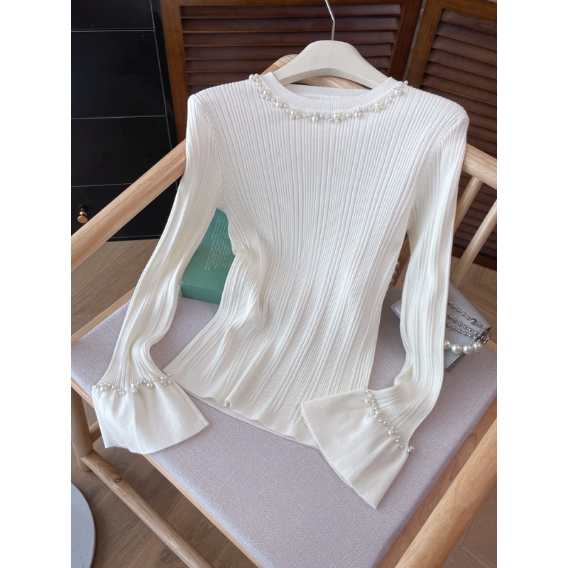 2025 spring new Korean style design flare sleeve sweater elegant Hepburn style pearl party base sweater