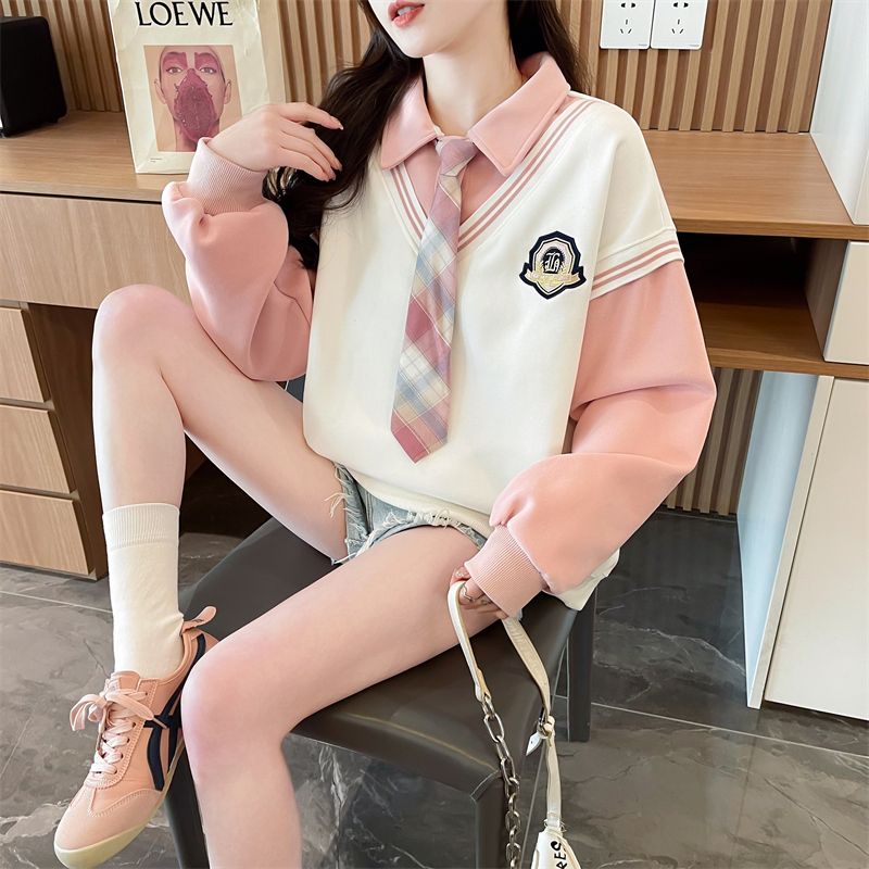 Real shot of new spring and autumn polo tie fake two-piece sweatshirt large size women's lazy style age-reducing long-sleeved top