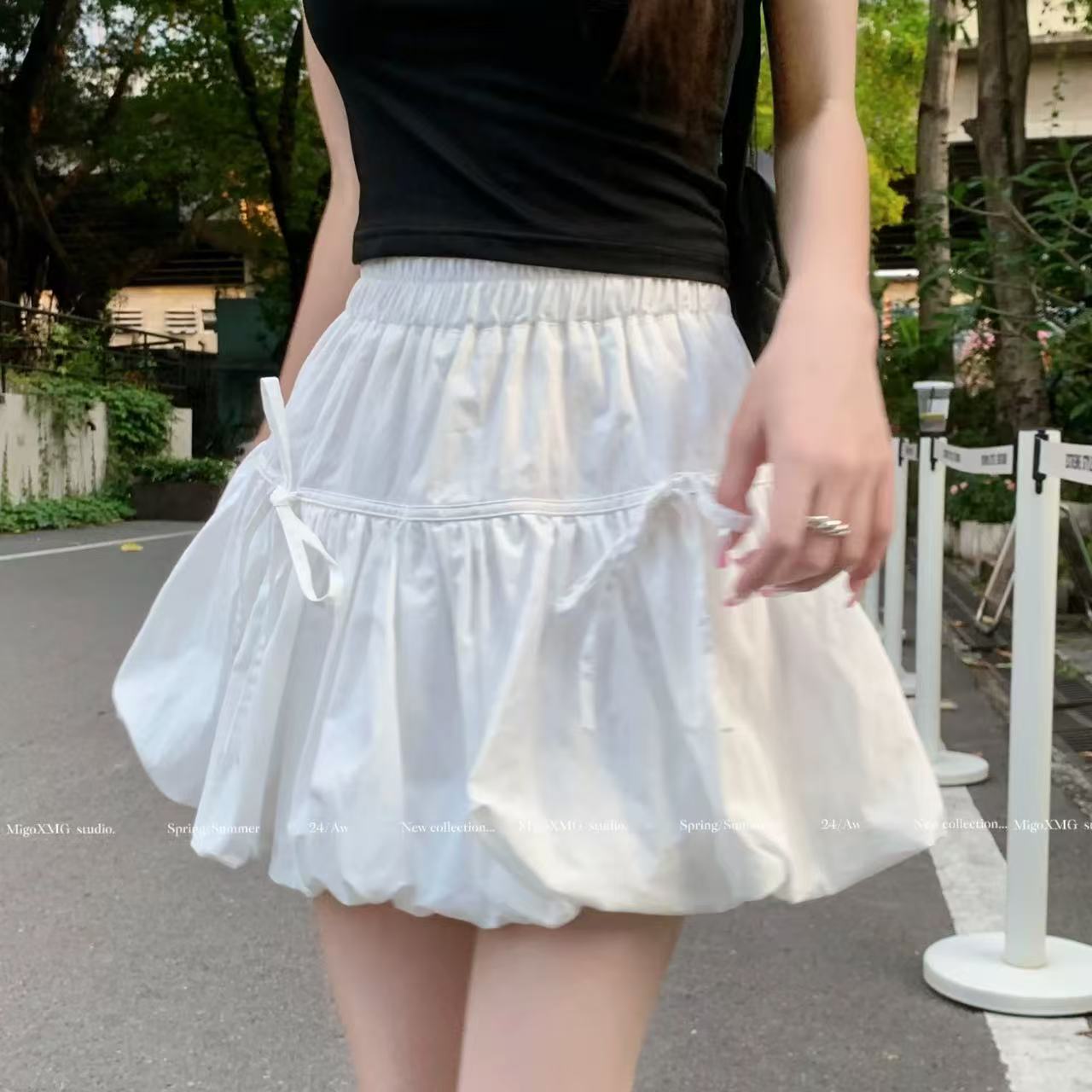 非實拍 設計感蝴蝶結綁帶蓬蓬裙子白色半身裙A字短裙花苞裙潮