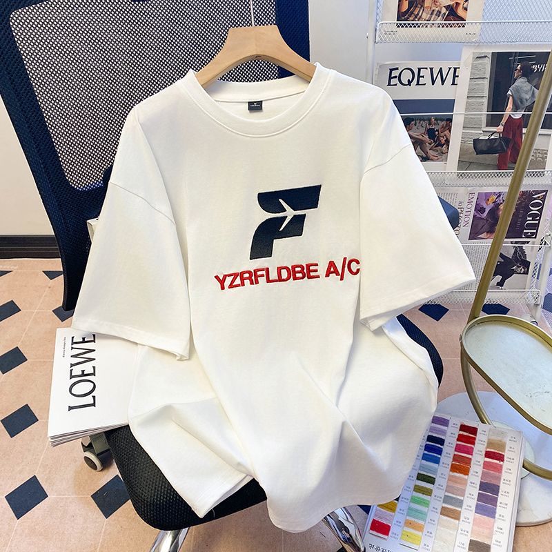 Real-life quality pure cotton short-sleeved T-shirt women's summer embroidery round neck new top large size women's clothing