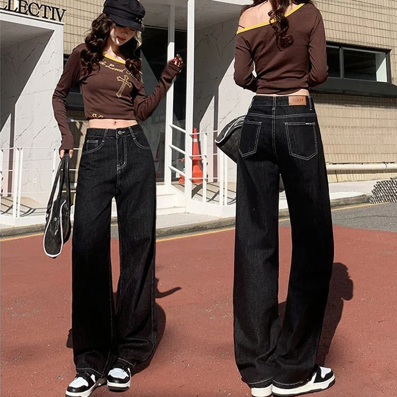 黑色窄版闊腿牛仔褲女2025新款春夏季高腰寬鬆顯瘦百搭垂感直筒褲