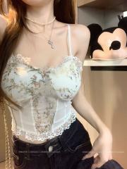 非實拍 花朵刺繡蕾絲花邊抹胸背心緊身性感辣妹短款魚骨上衣