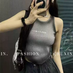 非實拍 高級感漸變U領針織背心美式辣妹吊帶外穿字母工字上衣