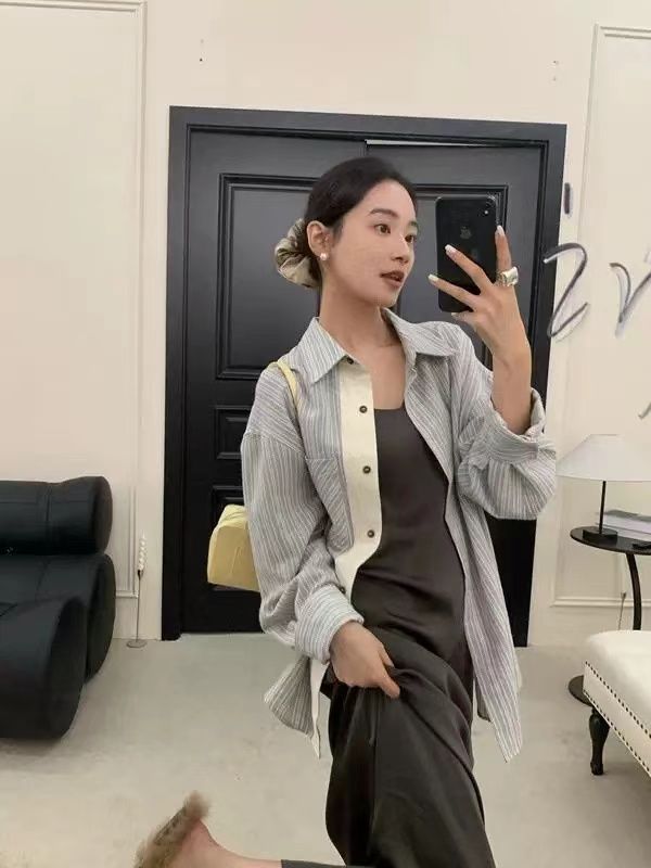 Loose spliced ​​striped long-sleeved shirt women's large-size design Korean shirt jacket spring new top