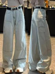 2025 summer new American retro washing denim work pants for women with high waist loose lazy straight wide-leg pants