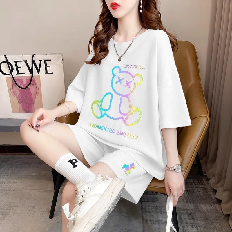 Real photos and smooth cotton casual sportswear suits for summer new style student shorts T-shirts large size two-piece set women's fashion