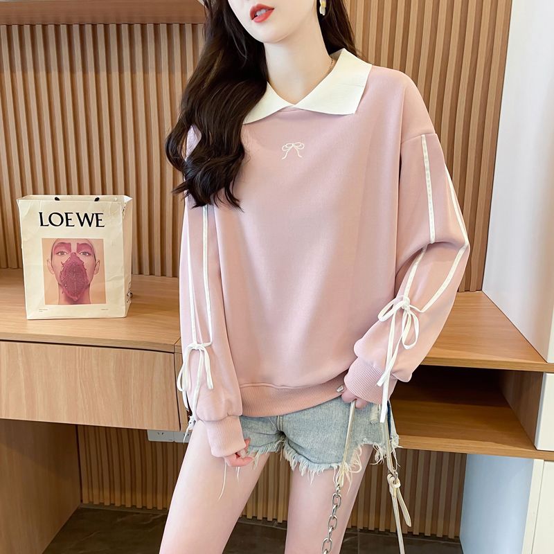 Real photos of Hua Cotton Polo collar sweatshirt for women's new spring and autumn fashionable age-reducing loose large-size women's tops trendy