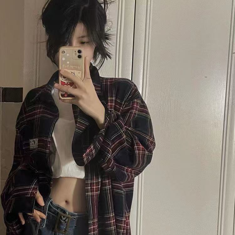 非實拍 美式復古酒紅色格子長袖襯衫寬鬆休閒中長款襯衣外套
