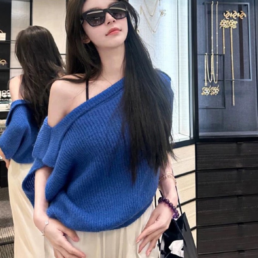 French celebrity temperament off-shoulder sweater for women new loose retro lazy style small versatile short-sleeved top