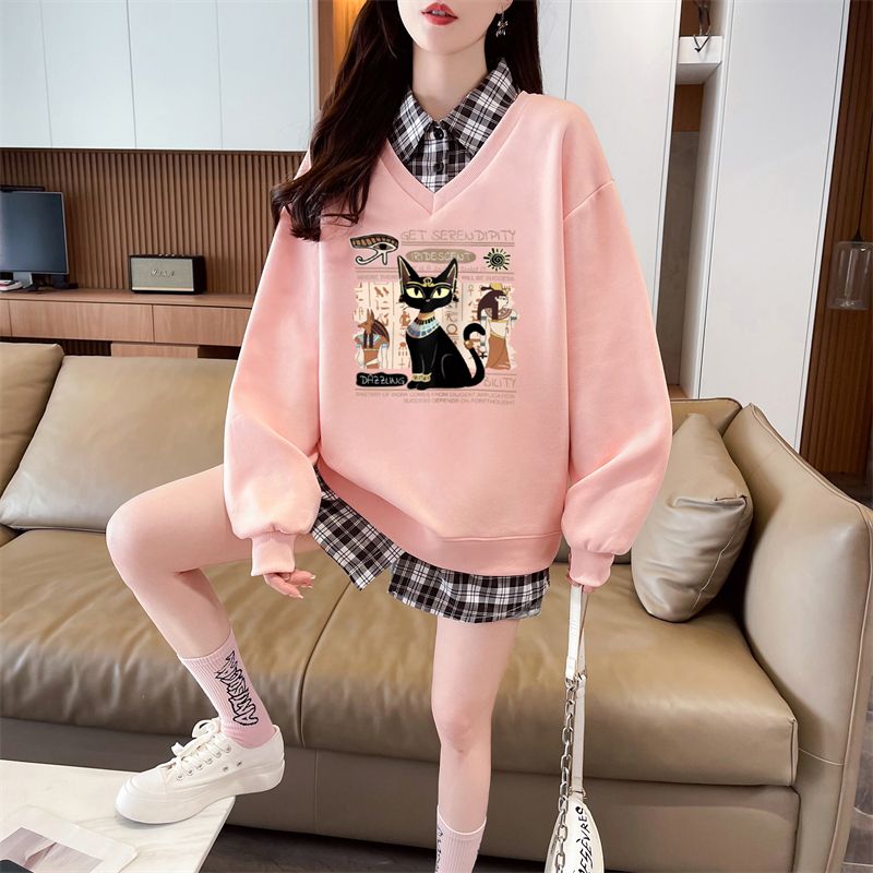 Real shot of plaid polo neck fake two-piece sweatshirt for women's new spring and autumn fashionable age-reducing loose design top