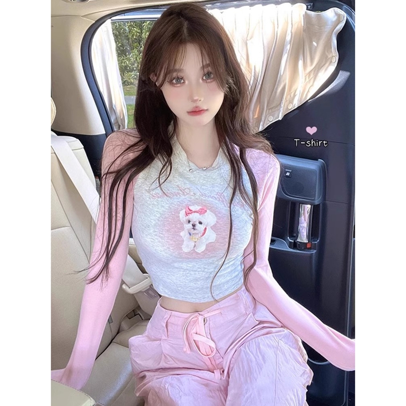 Official picture + colorful cotton pull-up puppy print tight rag-shoulder long-sleeved T-shirt short top