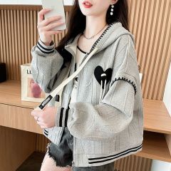 Real shot Loose hooded baseball uniform jacket for women in spring and autumn design niche jacquard cartoon embroidered cardigan