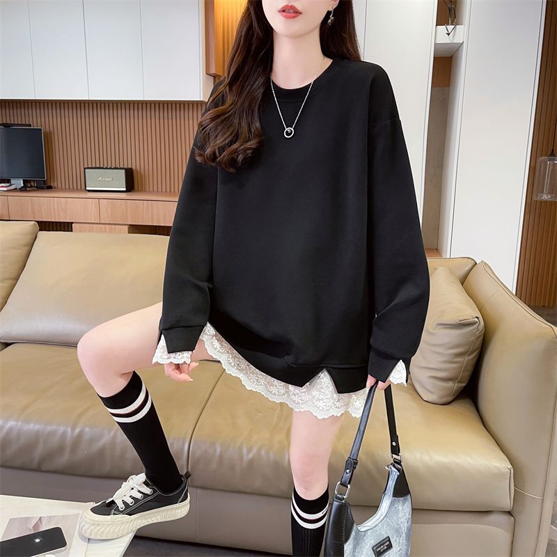 Real photos of German velvet lace splicing fake two-piece cartoon long-sleeved T-shirt for women's spring and autumn new loose top