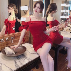 Real shot of sexy hot girl with off-shoulder short-sleeved dress