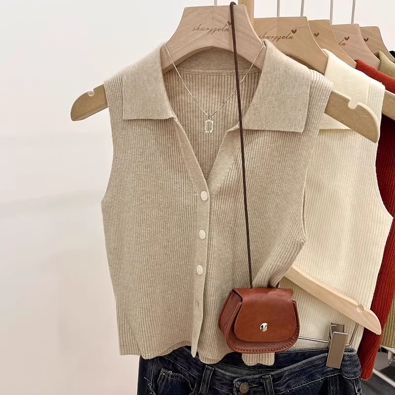 Polo lapel thin slim suspender outer wear vest for women's summer chic ice silk knitted vest sleeveless top