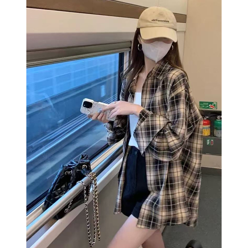 非實拍 格子長袖襯衫女新款小個子早春新款寬鬆外套開衫上衣