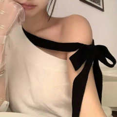 非實拍 別致獨特多種系帶法斜肩中古小香針織上衣純欲風短袖