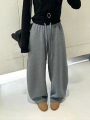 Pure Cotton Color Block Stitched Ribbed Waistband Drawstring Women's Spring Summer New Leaning High Waist Loose Straight Leg Wide Leg Pants