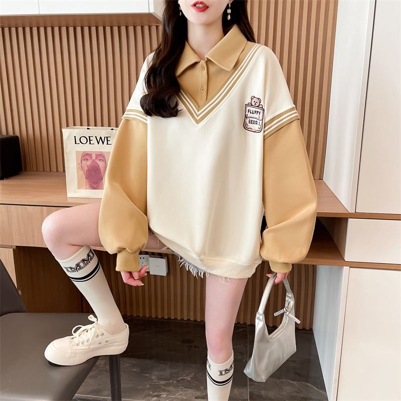 Real shot of polo neck fake two-piece sweatshirt for women's new spring and autumn fashionable age-reducing loose design top trendy