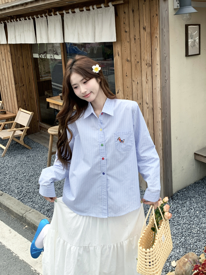 Real shot Korean design color pony embroidered blue striped shirt women's long-sleeved new chic lapel top