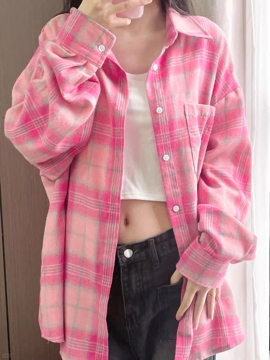 非實拍 粉色格子襯衫女款春夏新款穿搭上衣女襯衣外套內搭潮