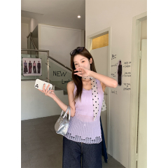 Real photo of lilac sleeveless vest suspender new style inner slim fit ripped hollow design top