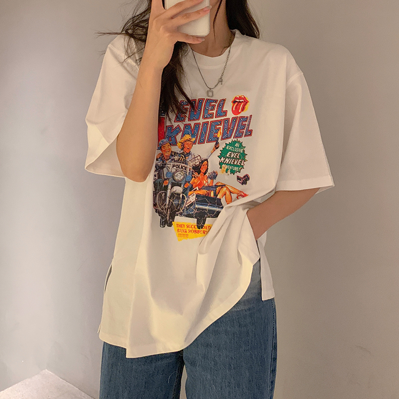 Real shot 6535 tie-up cotton summer American retro print mid-length slit short-sleeved T-shirt for women