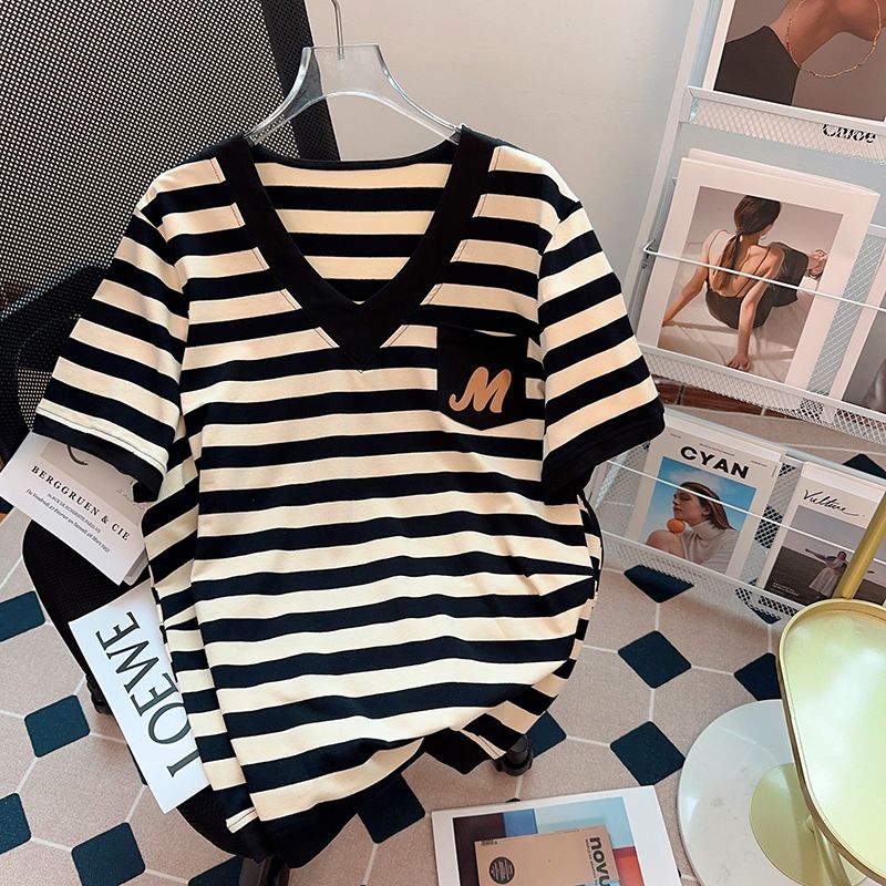 Real-life quality cotton pull-up strap short-sleeved T-shirt for women's summer new pocket V-neck large-size top