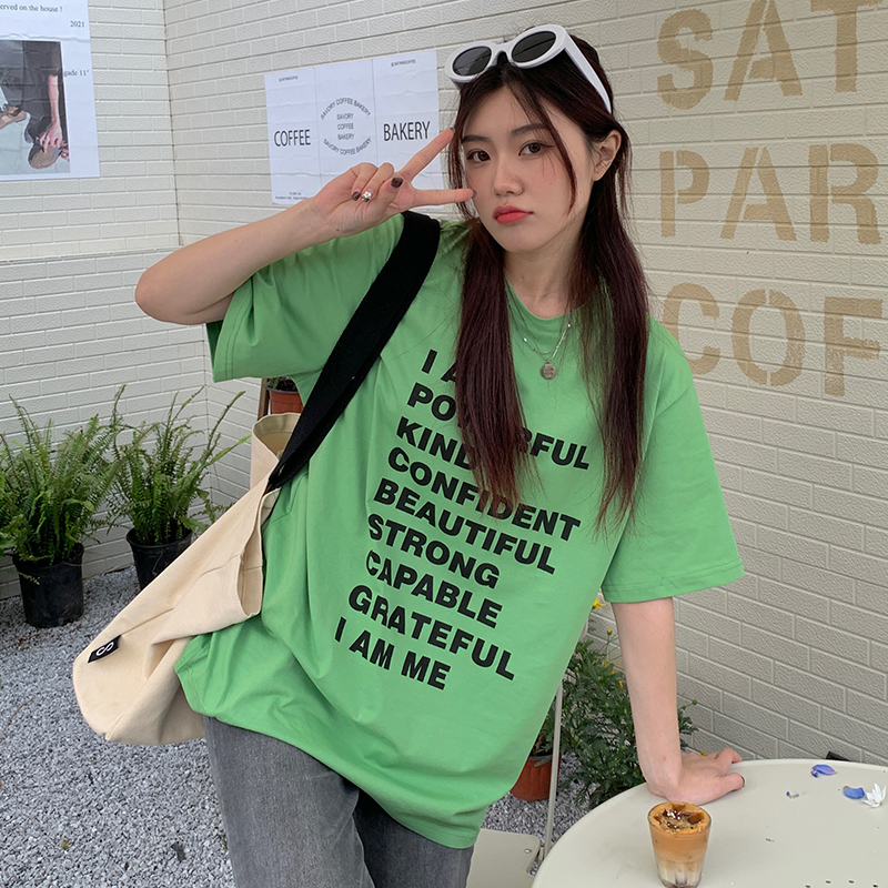 #Real shot of 100% pure cotton shoulder-length back bag collar letter print loose short-sleeved T-shirt women's top