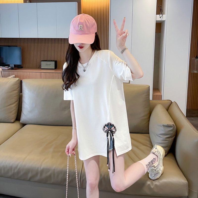 Real photo of large-size short-sleeved T-shirt women's summer new Chinese style Chinese style design irregular slit top