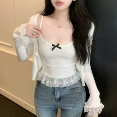 非實拍 白色蝴蝶結吊帶背心蕾絲花邊下擺修身疊穿內搭小上衣